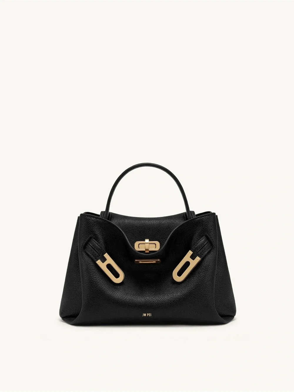 JW Pei Rhea Pebbled Double Buckle Shoulder Bag Black Gold Hardware
